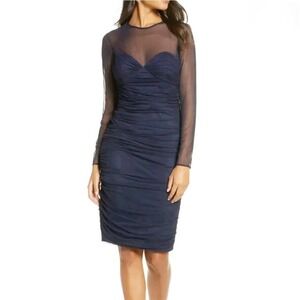 Eliza J Illusion Mesh Long Sleeve Ruched Bodycon Dress 4 Navy Blue Cocktail‎